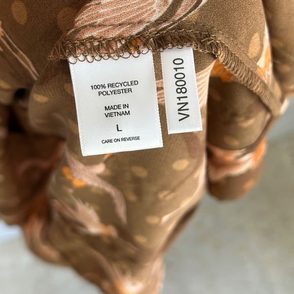 Happy Nature size L short puff flutter sleeve midi dress brown bird print NEW - Picture 16 of 17